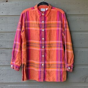 VTG 80s Chico's Design Vibrant Plaid Linen Button Front Tunic Blouse Orange Red